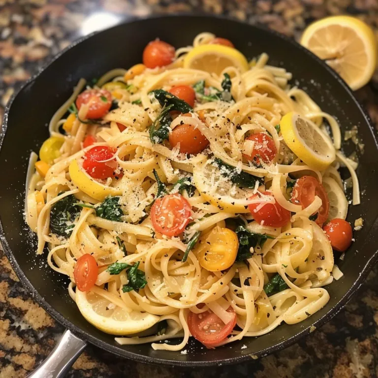 Dish of Lemon Parmesan Pasta with colorful primavera vegetables