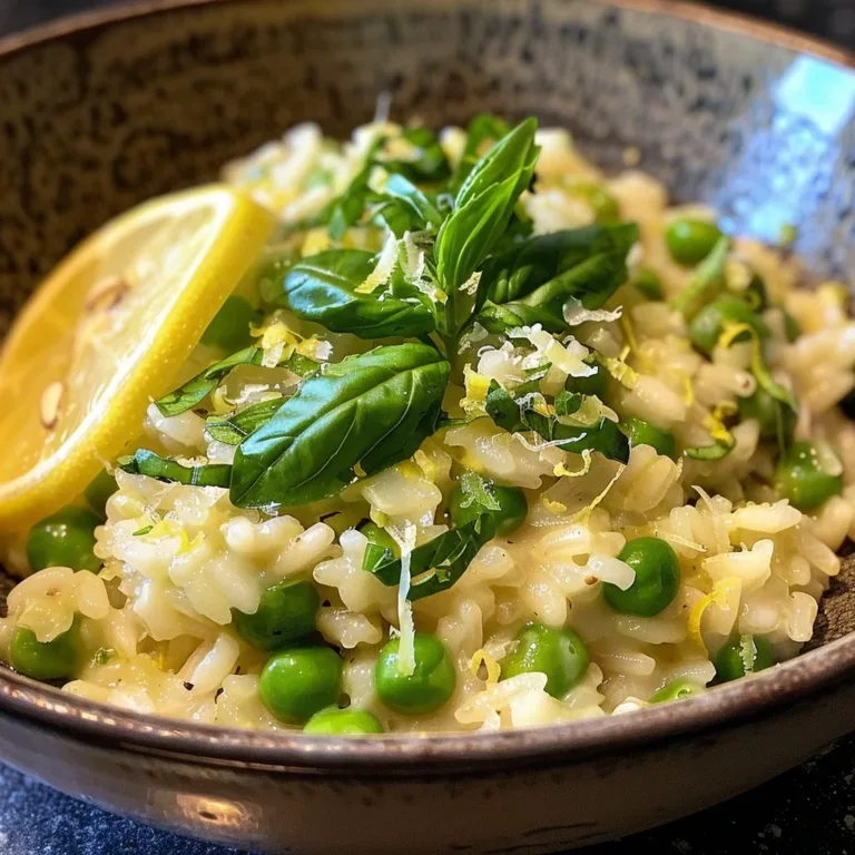 Bowl of creamy Lemon Pea Risotto topped with fresh peas and lemon zest