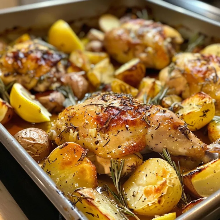Lemon roasted chicken served with golden potatoes on a rustic table.
