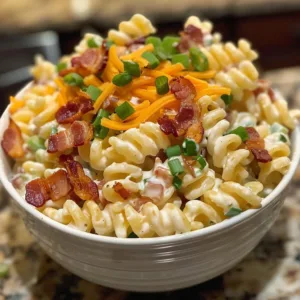 Loaded Bacon Ranch Pasta Salad with crispy bacon and ranch dressing