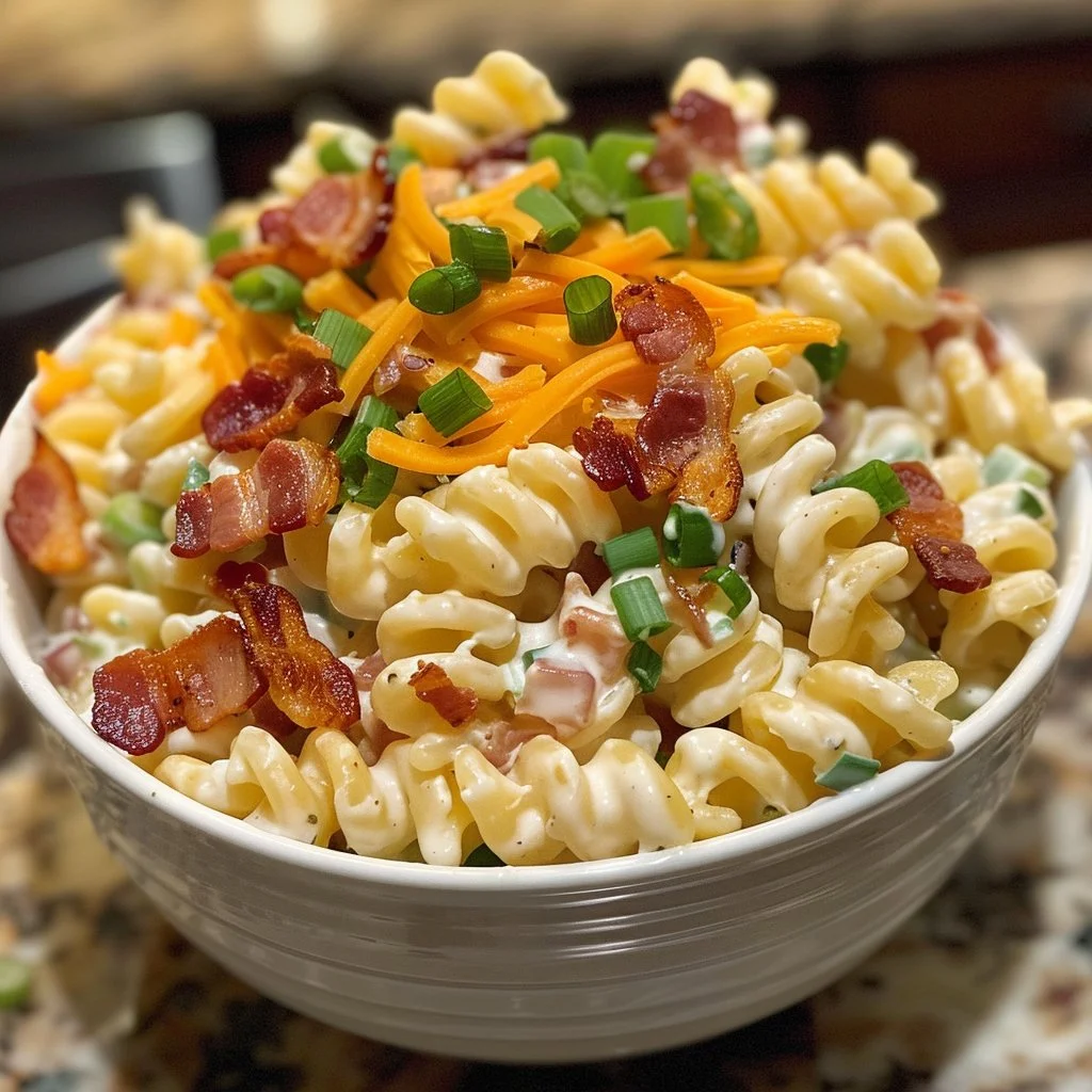 Loaded Bacon Ranch Pasta Salad with crispy bacon and ranch dressing