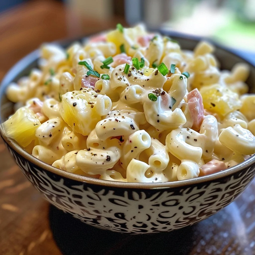 Delicious macaroni Hawaiian salad featuring sweet creamy dressing and colorful ingredients.