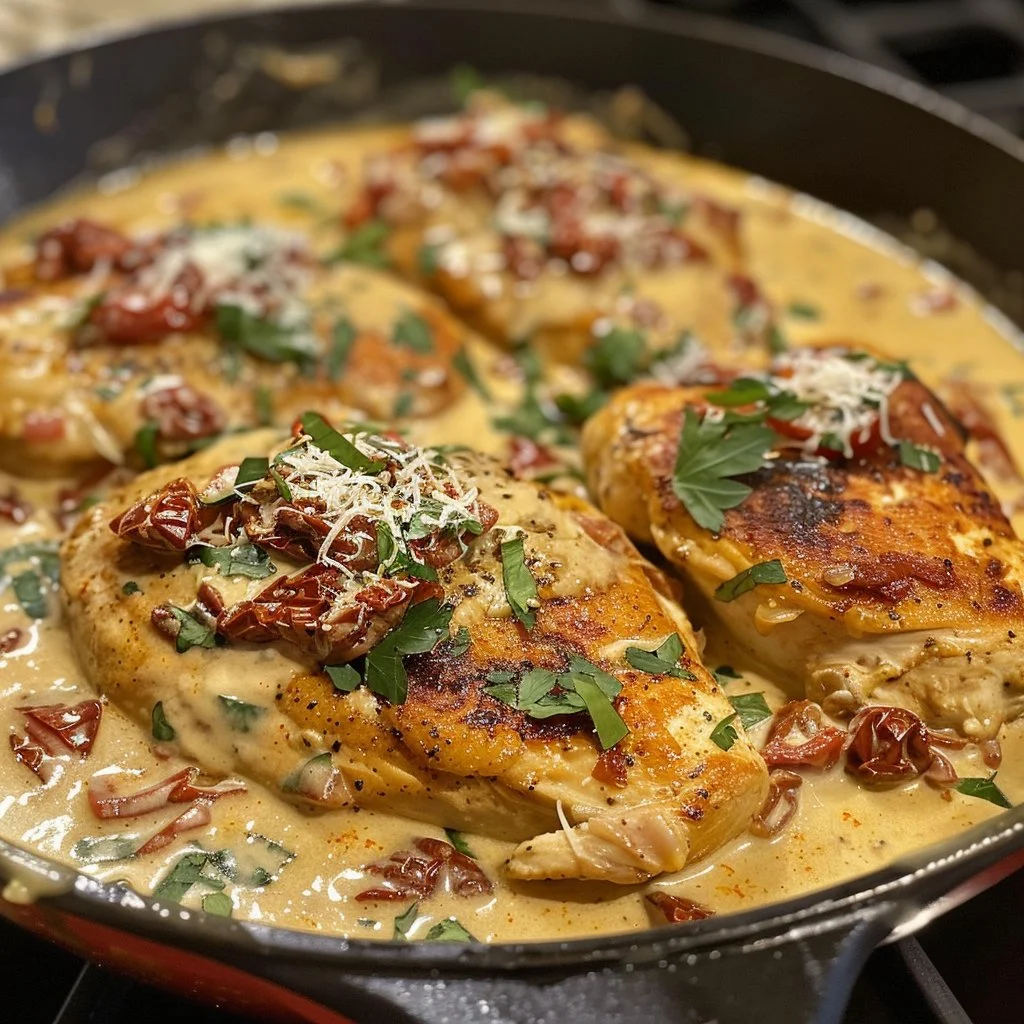 Creamy Marry Me Tuscan Chicken with sun-dried tomatoes in a skillet