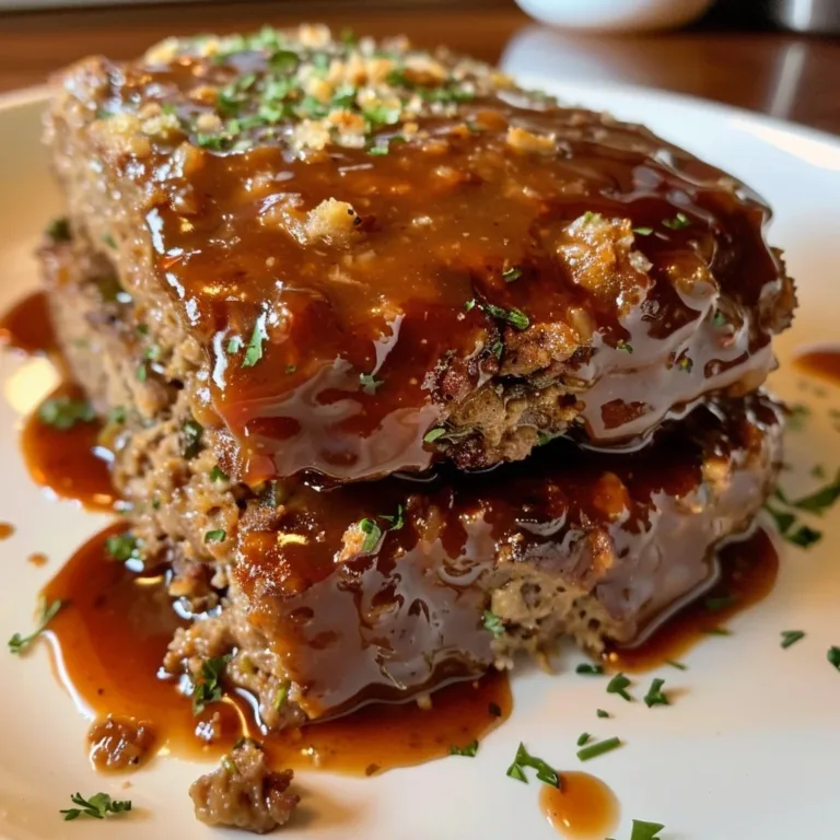 Sliced meatloaf with brown gravy on a plate, garnished with herbs.