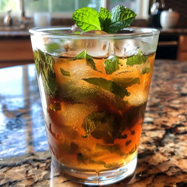 A glass of refreshing Mint Sweet Tea with mint leaves and ice cubes