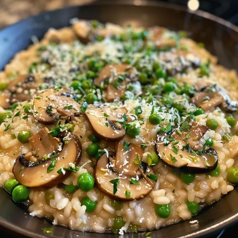 Creamy Mushroom and Pea Risotto served in a bowl