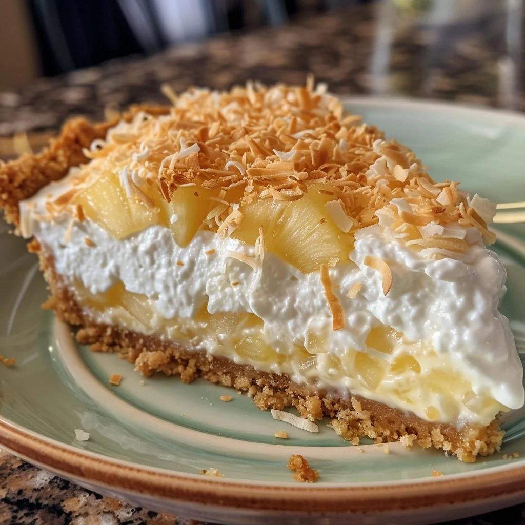 No Bake Millionaire Pie with creamy coconut and pineapple topping