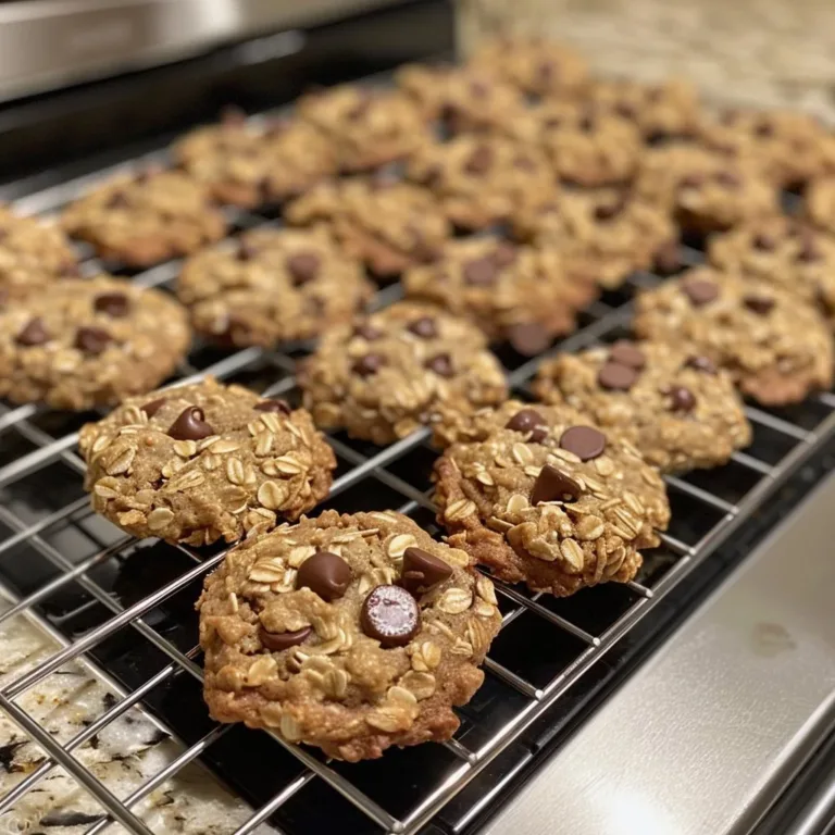 Freshly baked oatmeal chocolate chip cookies on a cooling rack