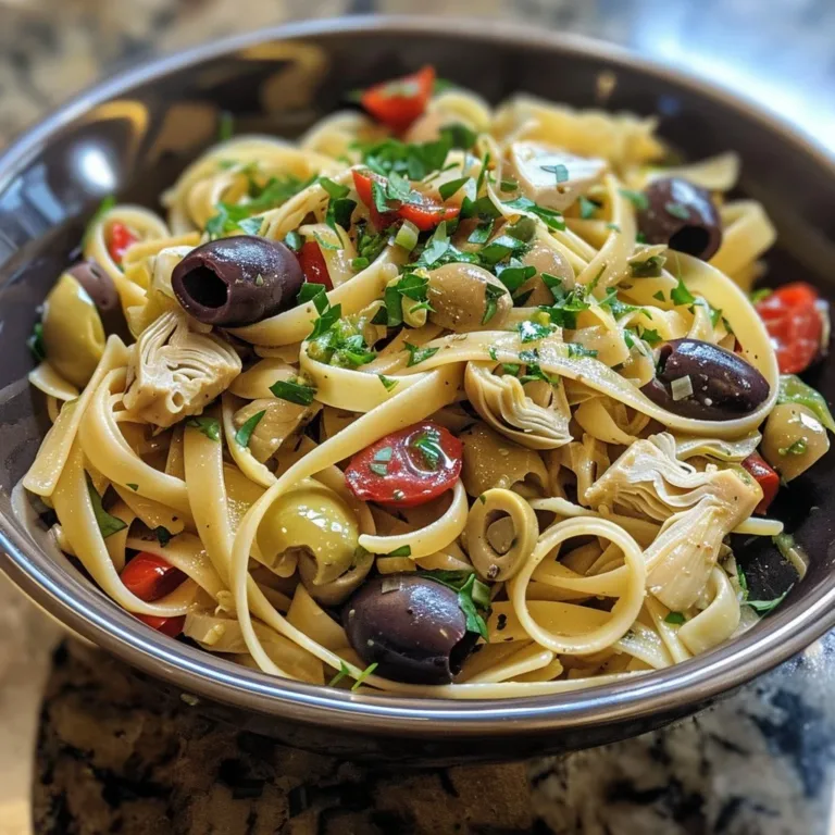 Delicious Olive and Artichoke Pasta served in a bowl with herbs.