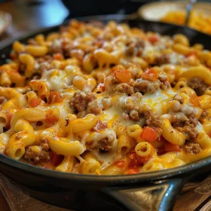 One-Pot Beef Mac Helper served in a bowl with cheese and herbs