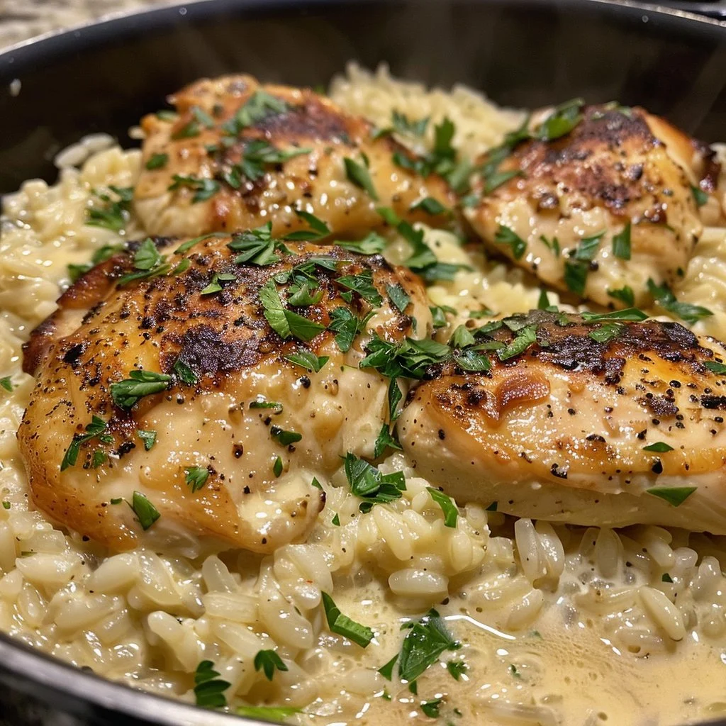 One pot chicken and rice dish with herbs and spices, ready to serve.