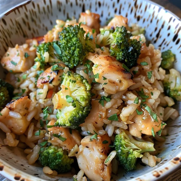 One-Pot Chicken Broccoli Rice dish garnished with herbs and served in a bowl.