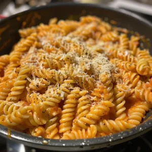 One-Pot Creamy Tomato Pasta garnished with basil and cheese