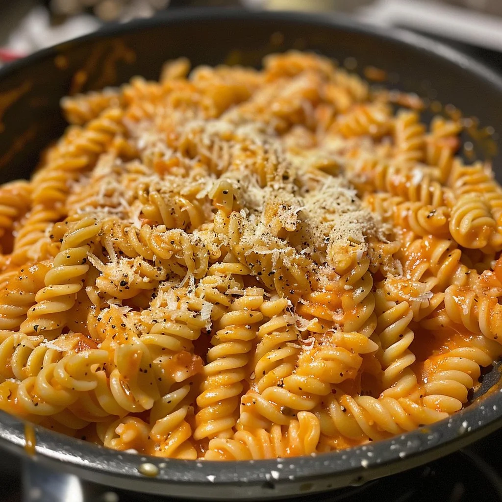 One-Pot Creamy Tomato Pasta garnished with basil and cheese