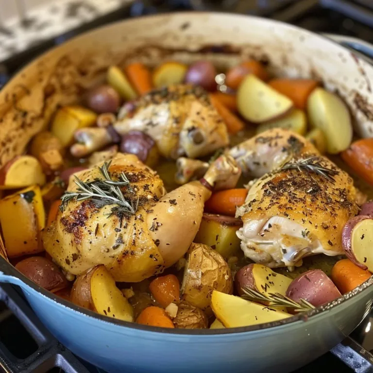 One-Pot Dutch Oven Chicken Dinner served with vegetables and herbs