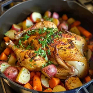 One-Pot Dutch Oven Chicken Dinner served with fresh vegetables and herbs.