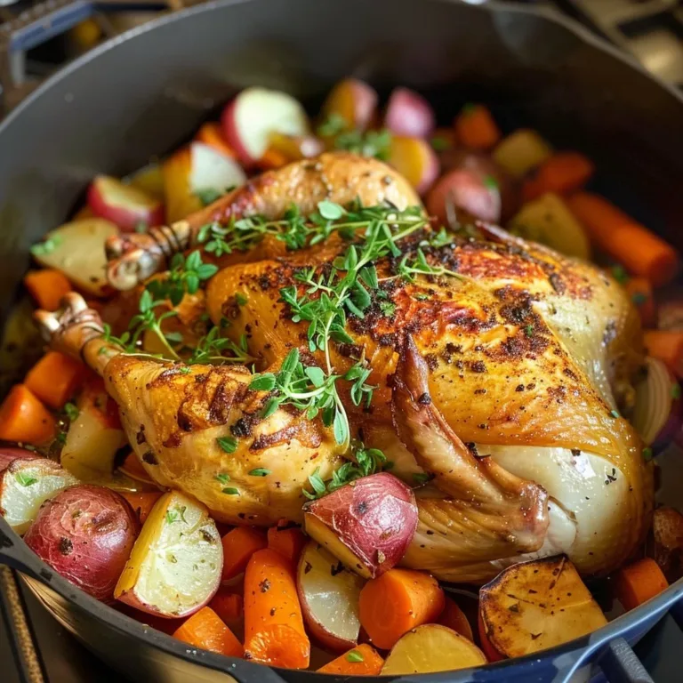 One-Pot Dutch Oven Chicken Dinner served with fresh vegetables and herbs.