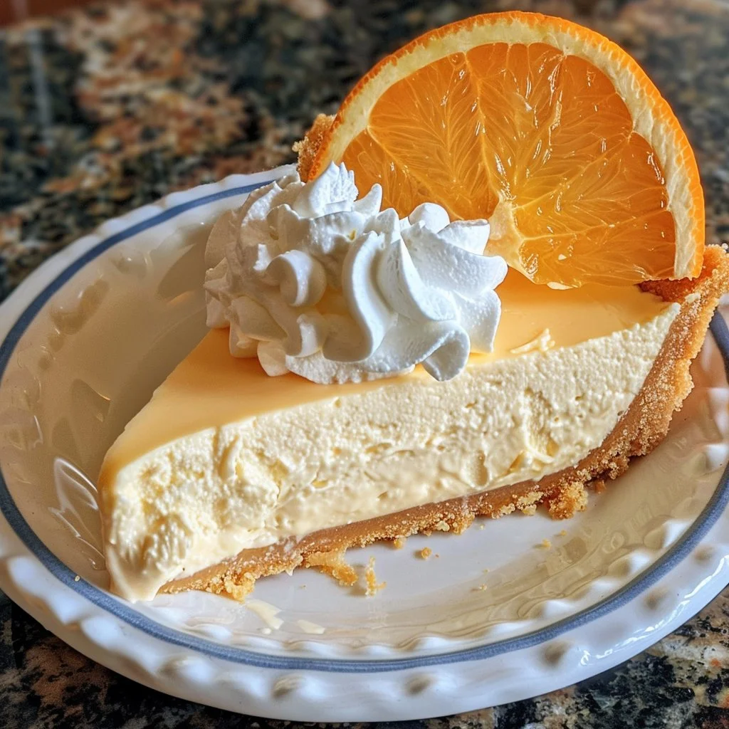 Delicious Orange Cream Jello Pie served on a plate with a creamy filling and orange slices