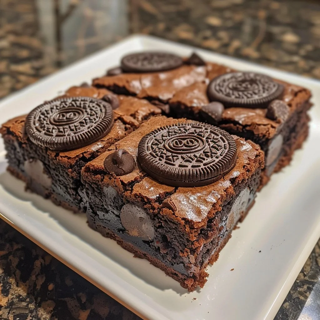 Delicious Oreo Brownies topped with chocolate and Oreo crumbs