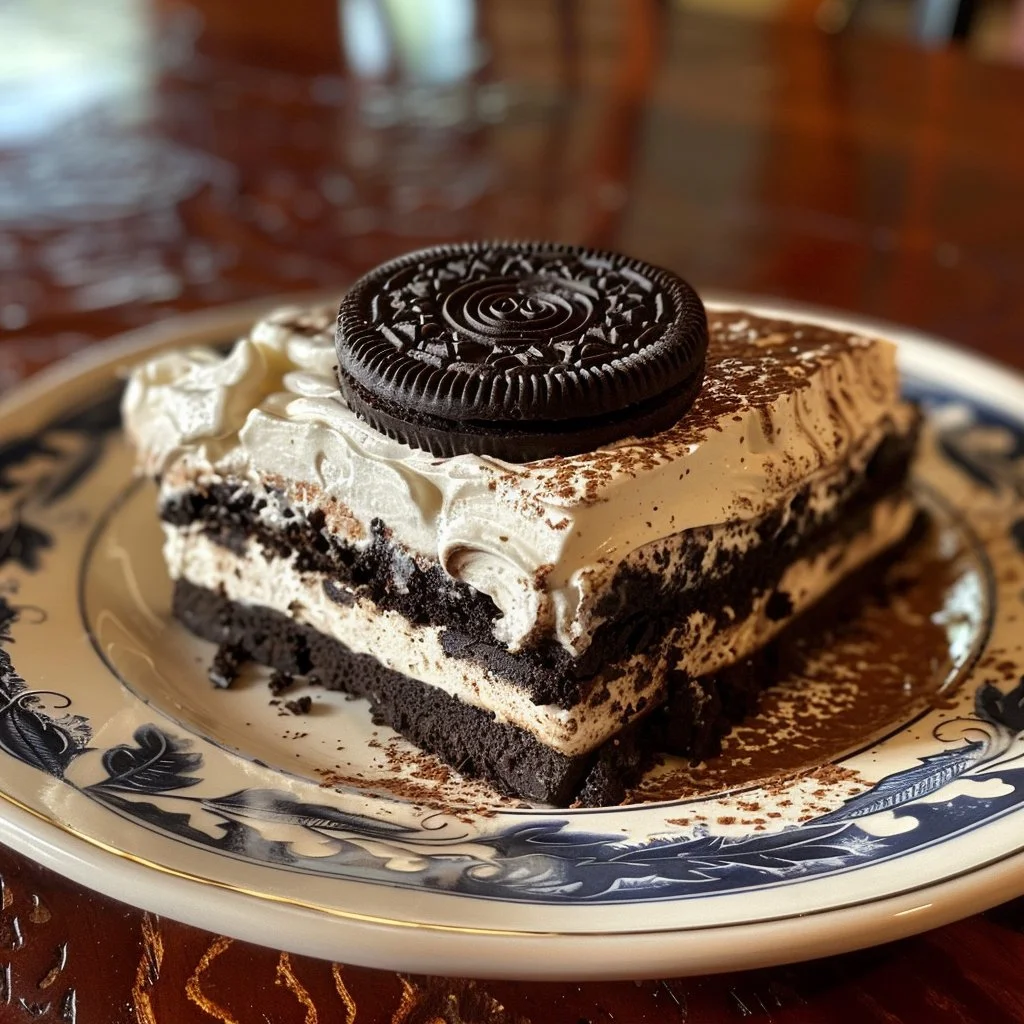 Delicious Oreo layered dessert served in a clear dish with whipped cream and chocolate
