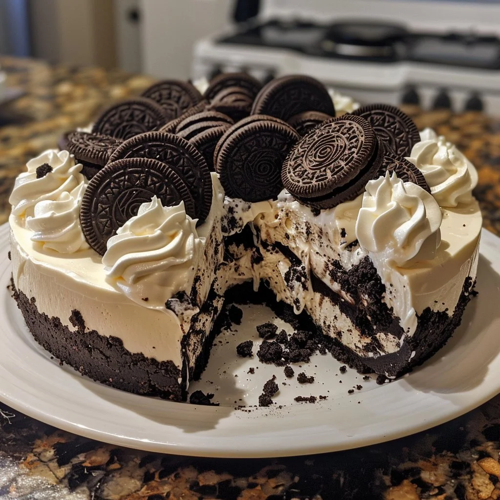 Delicious Oreo no-bake cheesecake with chocolate crust and cream filling