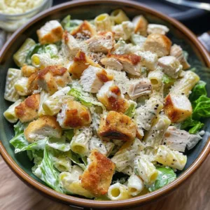 Parmesan Chicken Caesar Pasta Salad garnished with fresh ingredients