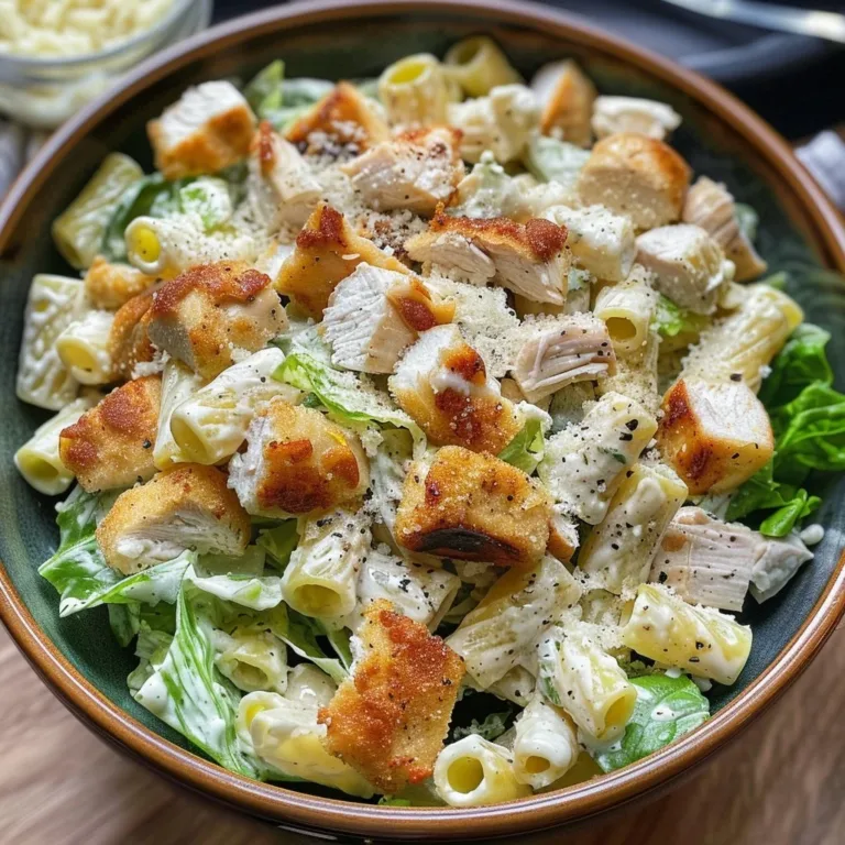 Parmesan Chicken Caesar Pasta Salad garnished with fresh ingredients