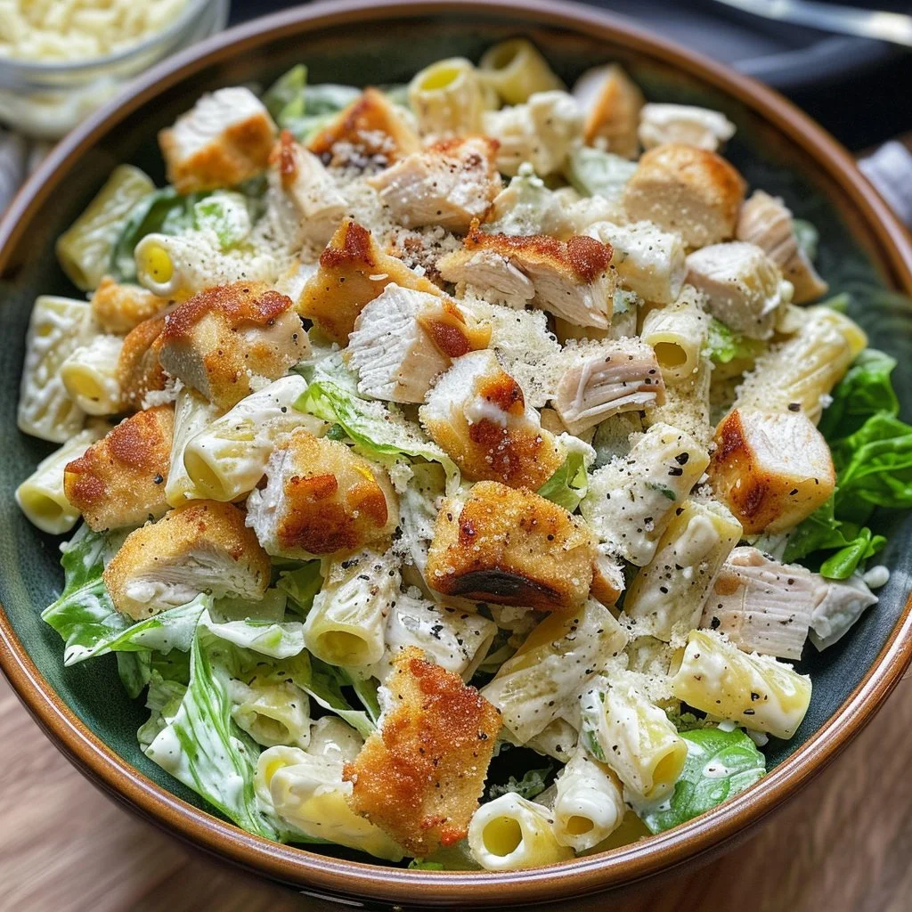 Parmesan Chicken Caesar Pasta Salad garnished with fresh ingredients