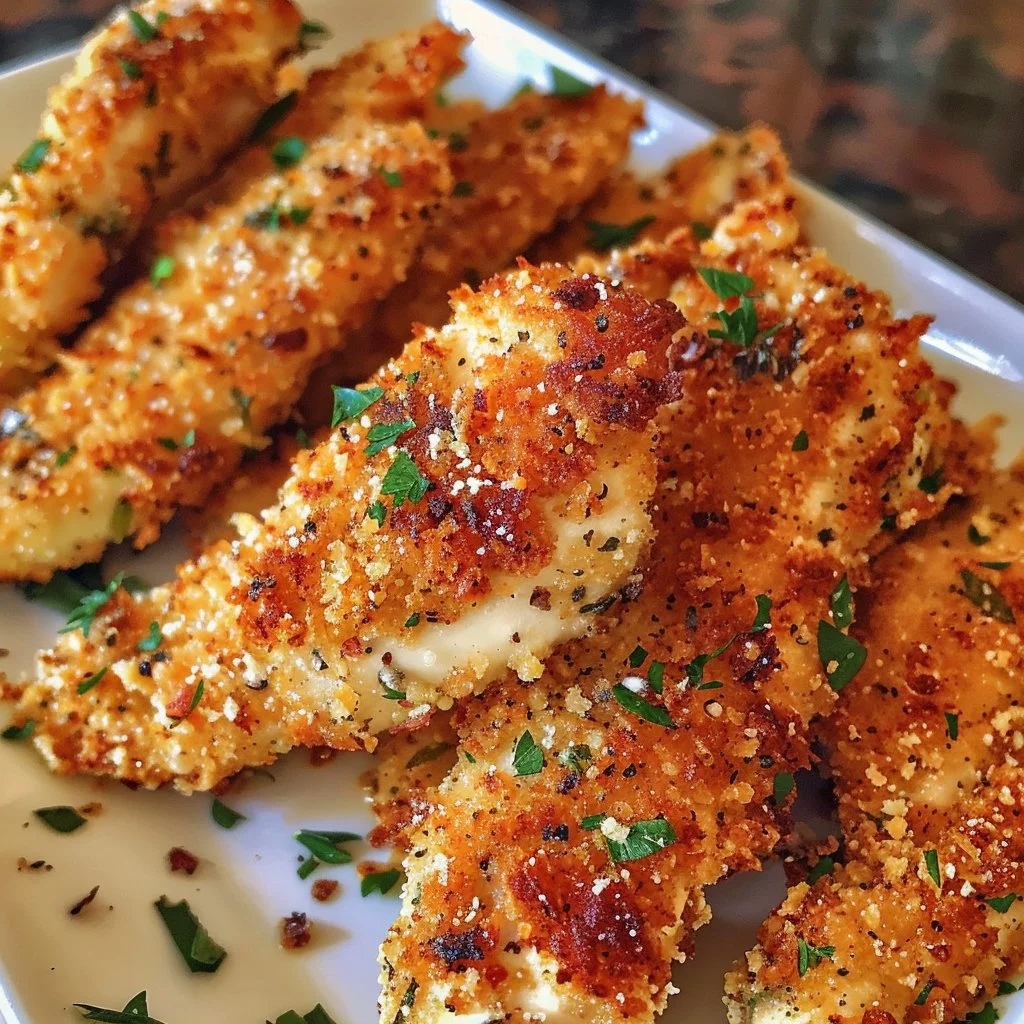 Parmesan Crusted Chicken Tenders served with a fresh salad on a plate.