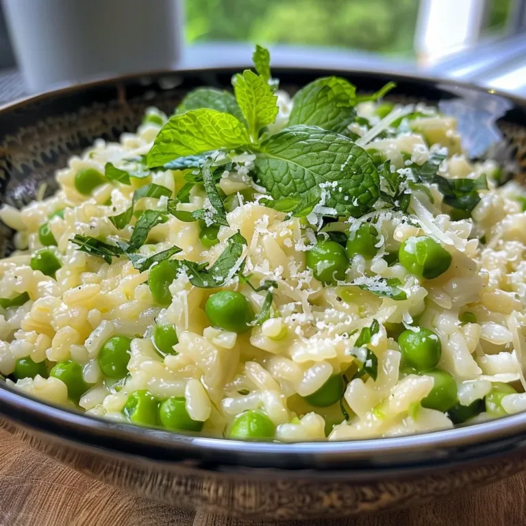 Delicious Parmesan Pea and Mint Risotto served in a bowl