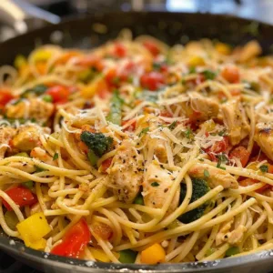 A plate of vibrant Pasta Primavera with Chicken, featuring fresh vegetables and herbs.