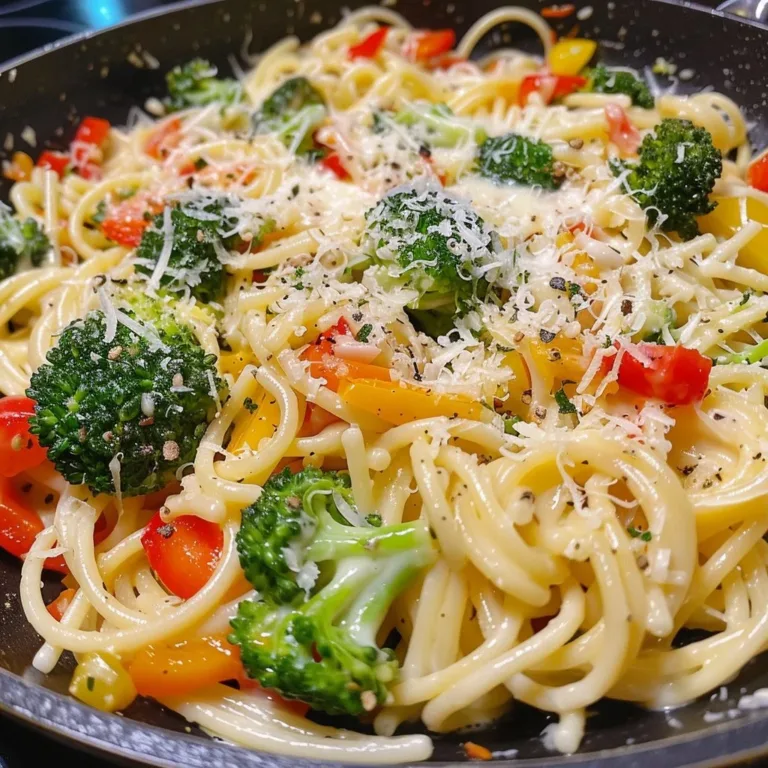 A vibrant Pasta Primavera with Garlic and Parmesan topped with fresh vegetables.