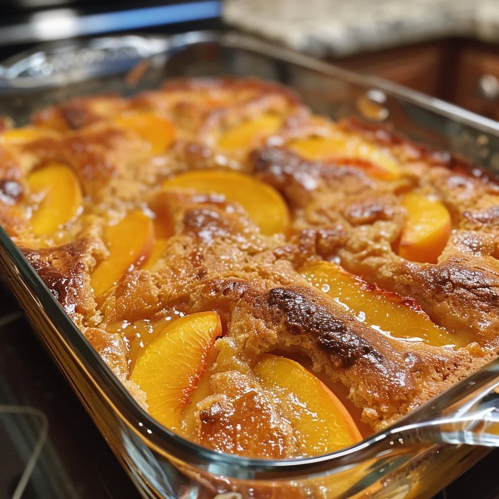 Delicious Peach Cobbler Dump Cake served in a dish