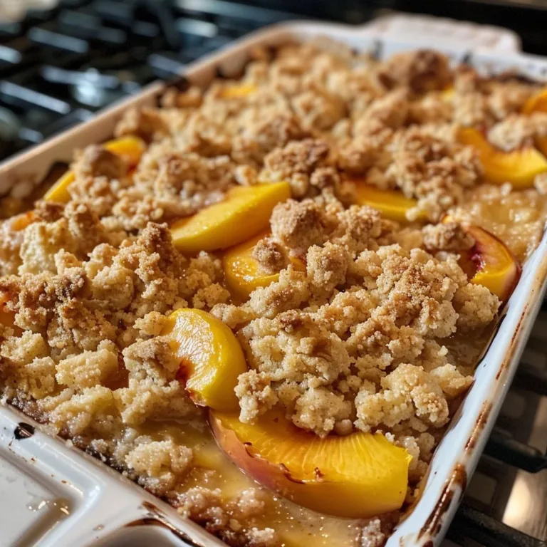 Slice of homemade Peach Crumb Cake with a golden crumb topping