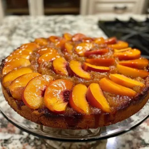 Delicious Peach Upside-Down Cake topped with juicy peaches and caramel glaze