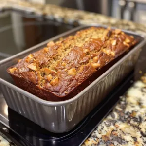 Homemade Peanut Butter Banana Bread loaf with slices on a cutting board