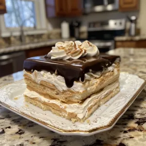 No-bake Peanut Butter Eclair Cake with creamy chocolate topping and layers.