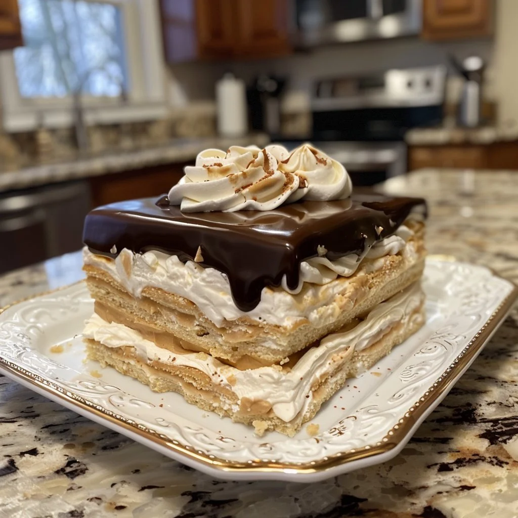 No-bake Peanut Butter Eclair Cake with creamy chocolate topping and layers.