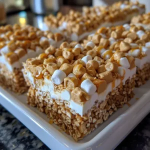 Delicious Peanut Butter Rice Krispie Treats stacked on a plate