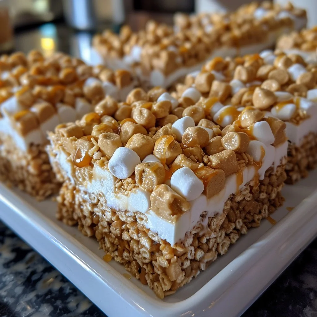 Delicious Peanut Butter Rice Krispie Treats stacked on a plate