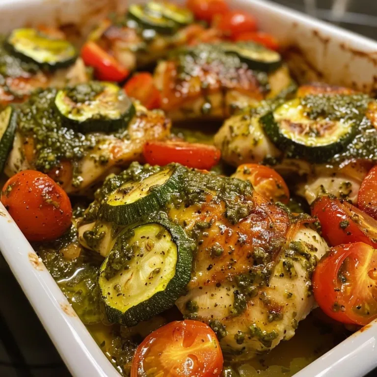 Pesto chicken served with zucchini and tomatoes on a plate