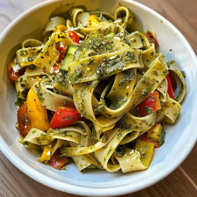 Pesto tagliatelle pasta topped with fresh vegetables and pesto sauce