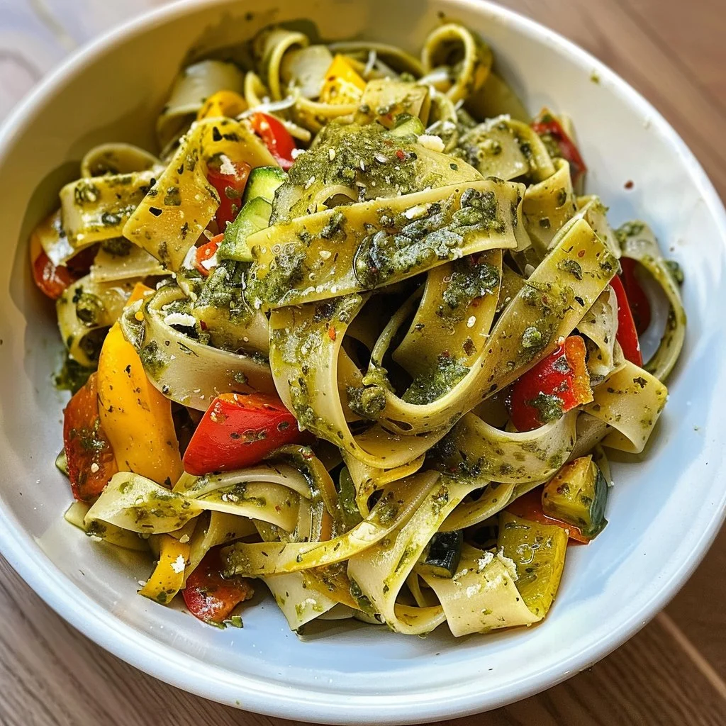 Pesto tagliatelle pasta topped with fresh vegetables and pesto sauce