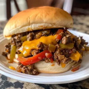 Delicious Philly cheesesteak sloppy joes topped with melted cheese and served in a bun