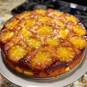 Pineapple coconut upside down cake with caramelized pineapple and coconut topping