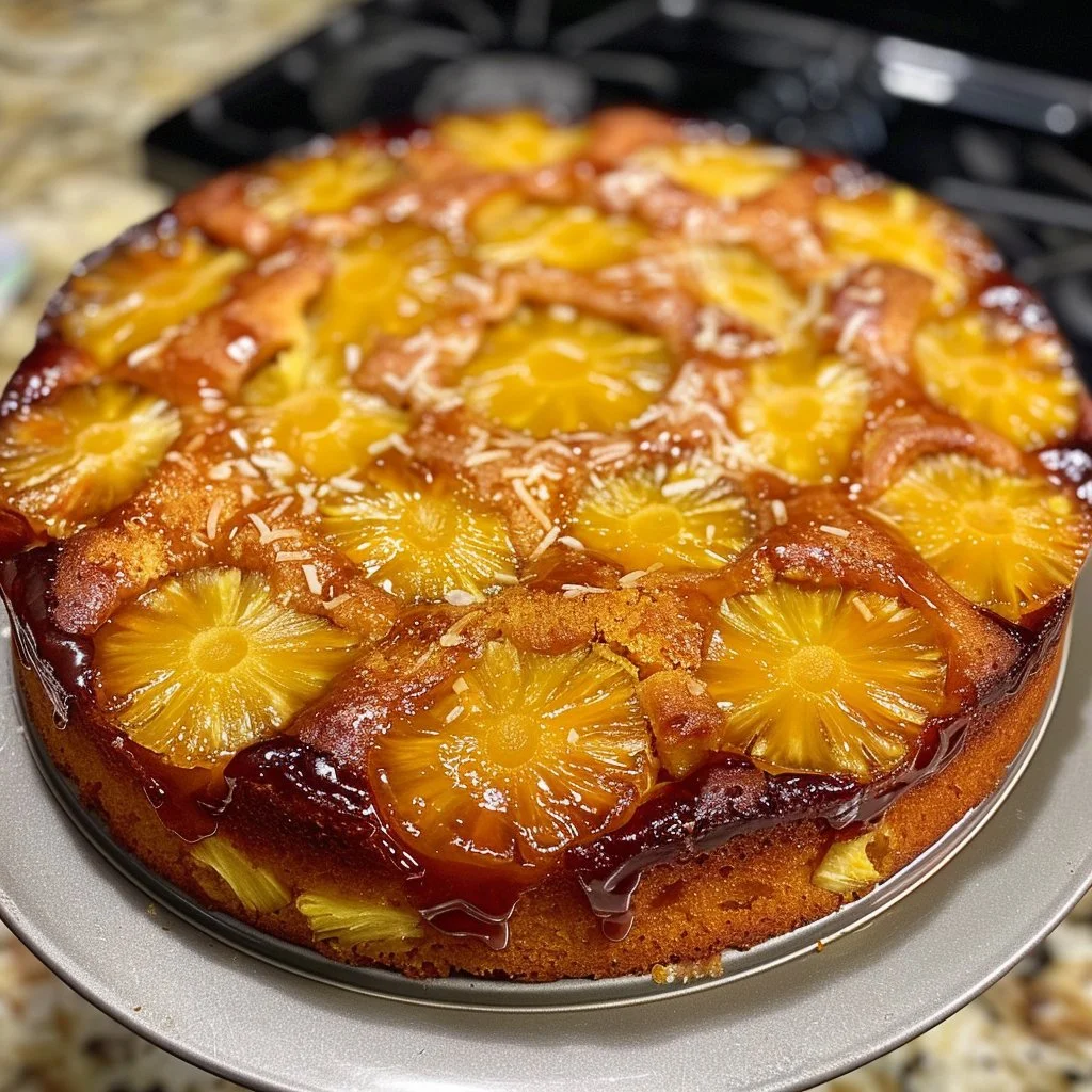 Pineapple coconut upside down cake with caramelized pineapple and coconut topping