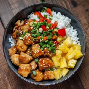 Pineapple Teriyaki Chicken Bowl with colorful vegetables and rice