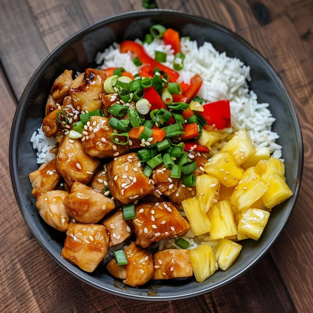 Pineapple Teriyaki Chicken Bowl with colorful vegetables and rice