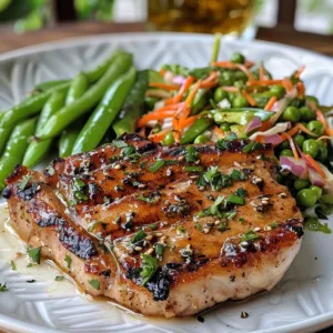 Pork chops topped with fresh snap pea slaw on a plate