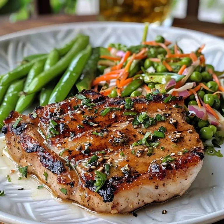 Pork chops topped with fresh snap pea slaw on a plate